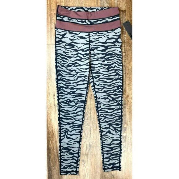 Mono B Grey Tiger Print Highwaist Leggings with Striped Band (S) - Picture 2 of 4